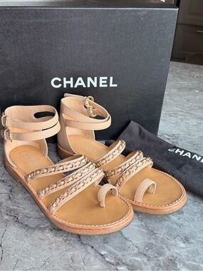 CHANEL Tan Leather Braided-Strap Ankle Wrap Sandals